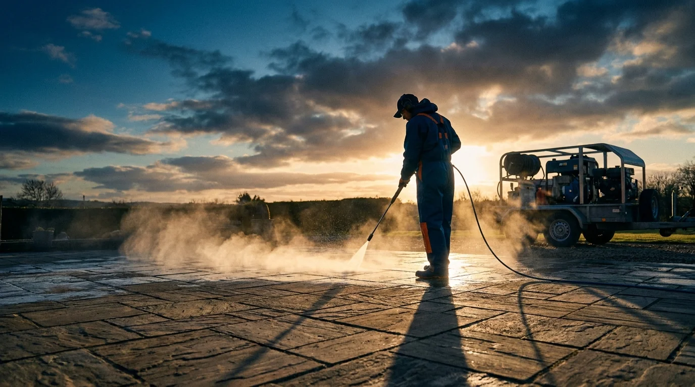 Pressure washer stripping grime from a concrete driveway